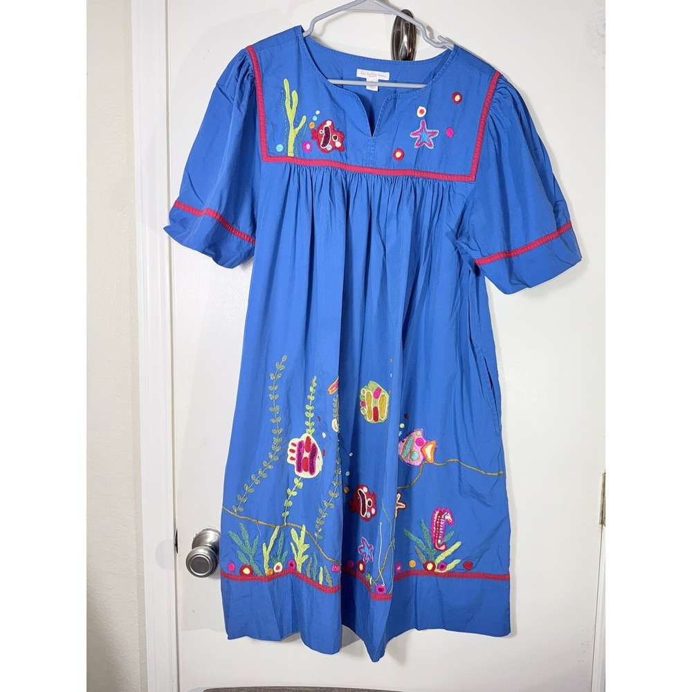 Go Softly Patio House Dress Petite Large Blue Embroidered Fish Pocket